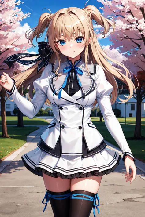 masterpiece, best quality, highres, 1girl, solo, long hair, blonde hair, two side up, (hair ribbon:1.1), blue eyes, neck ribbon, school uniform, white jacket, juliet sleeves, long sleeves, white skirt, thigh ribbon, black thighhighs, <lora:sena_airi_v1:0.7>, outdoors, cowboy shot, standing,