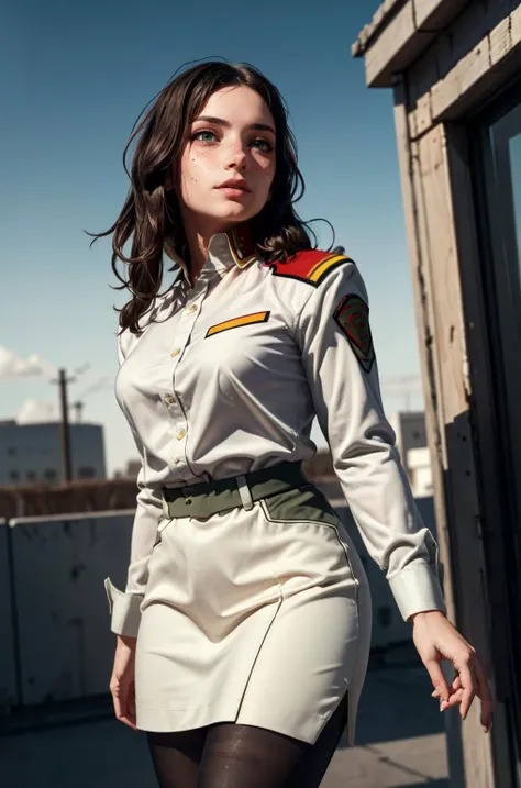 (masterpiece, best quality, high resolution:1.3), (seductive pose:1.2), (dynamic angle:1.2), detailed background, cowboy shot,
casual photography, HDR, natural light, (anti-aliasing:1.2), elegant, soft scattered light, realistic proportions, limited palette, backlit, accent lighting, (neutral colors:1.3), cross process, cinematic lighting, coherent light, coherent shadows,
looking at viewer, detailed face, detailed eyes, detailed skin, extremely detailed, intricate details, zh_mushyee_cosplaygirl, solo, long hair, tattoo, realistic, freckles, lips, looking at viewer, parted bangs, night sky, <lora:murrue_ramius_v1:0.9> ramius1, solo, (black_pantyhose:1.1), military uniform, military, makeup, white shirt, white skirt, tight skirt