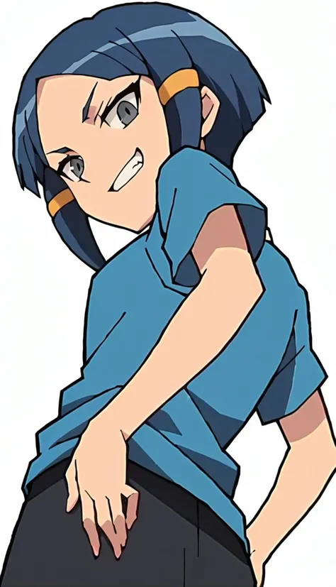 score_9, score_8_up, score_7_up, score_6_up, score_5_up, score_4_up, BREAK source_anime, white background, 1girl, clara, blue hair, hair tubes, grey eyes, pose, hand on own ass, from behind, looking at viewer, evil grin, from below, <lora:Kurakake_Clara:0.8>, <lora:add-detail-xl:3>, ((anime screencap, flat color))