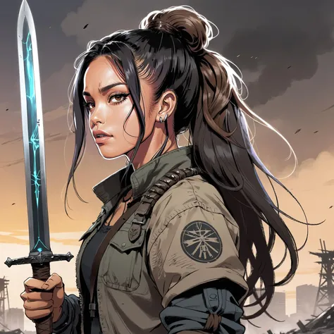 (Anime Style, Manga Style:1.3), sketch, concept art, line art, ((2D:1.3)), (ohwx woman with hair tie and sword), postapocalyptic, epic scene, <lora:ValkyraeXL:0.8>