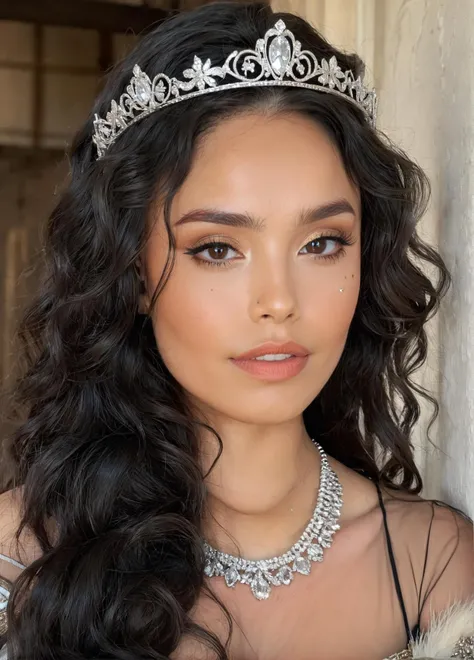realistic portrait of an extremely beautiful Venezuelan woman, smiling, wearing a tight sequin Scuba Crepe 3/4 Sleeve Split V-Neck Sheath Dress, wearing a choker, detailed facial features, piercing eyes, wearing a headdress, elegant long eyelashes, beautiful lips, delicate nose, intricate jewelry, dramatic lighting, highly detailed, photorealistic, 8k, cinematic composition, dramatic pose, masterpiece