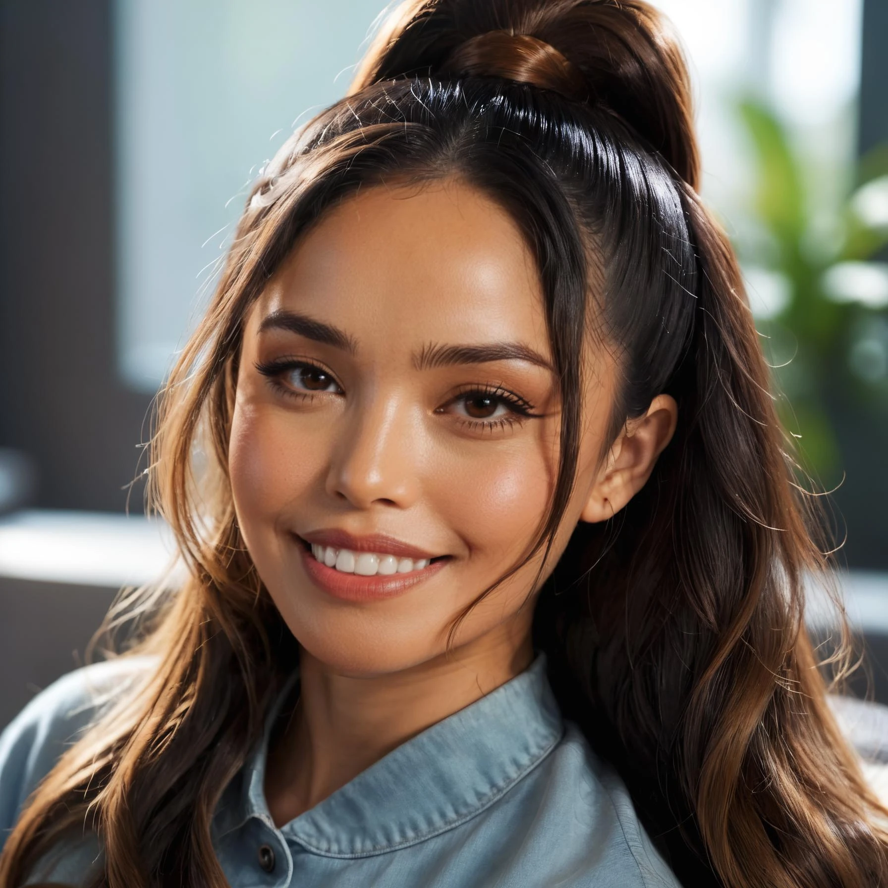 ohwx woman, <lora:ValkyraeXL:0.9>, smile, ponytail, long hair, look at viewer, sitting, instagram selfie, ((sharp face, detailed face, realistic face, naturtal skin, realistic skin, detailed skin, pores)), ((perfect eyes, detailed eyes,realistic eyes)), (masterpiece, best quality, ultra-detailed, best shadow), high contrast, (best illumination), ((cinematic light)), colorful, hyper detail, dramatic light, intricate details, (1 girl, solo) , ultra detailed artistic photography, dreamy, backlit, shadows, ultra high definition, 8k, ultra sharp focus, ultra high quality model, soft lighting, film photography, analogue photography, hyperrealism,
