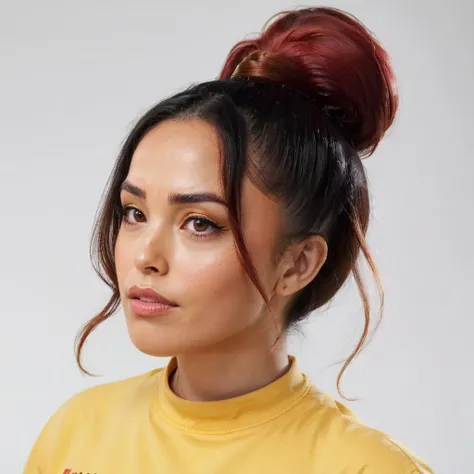 masterpiece, best quality, young ohwx woman, in yellow shirt, red hair in a bun, portrait, looking at viewer, simple background <lora:ValkyraeXL:0.9>