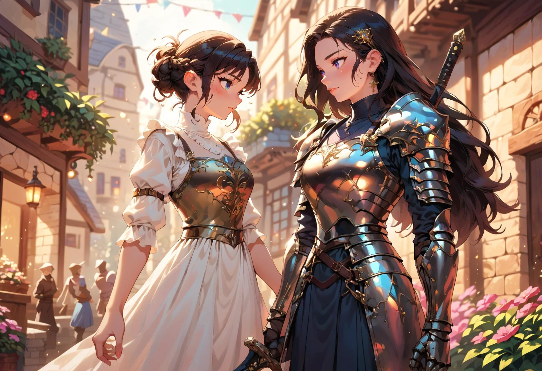 score_9, score_8_up, score_7_up, jroq, zPDXL2, rating_safe, source_anime,
woman, sword, armor, metal armor, metal reflections, medieval village,
<lora:Jacqueline_Roque_Pony:0.8> <lora:Pony_Fantasy_Knights_-_By_HailoKnight:0.8> hkstyle