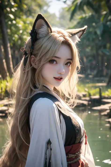 detailed background, 1girl, solo, blonde hair, brown eyes, fox ears, fox girl, hanfu, silk, long sleeves, open mouth, smile, fang, looking at viewer, reaching, BREAK lush mangrove forest, tangled roots, brackish water, diverse wildlife, dappled sunlight, gentle lapping waves, mysterious shadows,