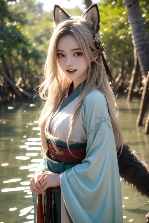 detailed background, 1girl, solo, blonde hair, brown eyes, fox ears, fox girl, hanfu, silk, long sleeves, open mouth, smile, fang, looking at viewer, reaching, BREAK lush mangrove forest, tangled roots, brackish water, diverse wildlife, dappled sunlight, gentle lapping waves, mysterious shadows,