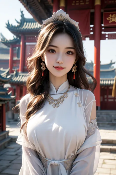 best quality, masterpiece, highres, 1girl,china dress,Beautiful face, hair ornament, solo,looking at viewer,smile,closed mouth,lips, dress,hair ornament, necklace, jewelry, long hair, earrings, chinese clothes, architecture,east asian architecture ,front view,kind smile,full_body,