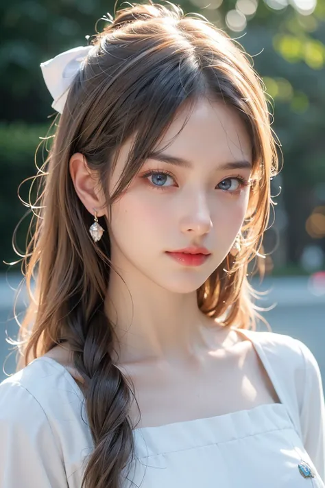 face lighting,bright backlight,(medium breasts:1.2),super high resolution,best quality,Photos,4k,(Realistic:1.2),Zero,1girl,white hair,(very long hair:1.1),blue eyes,hair bow,<lora:Zero_05:0.8>,white dress,