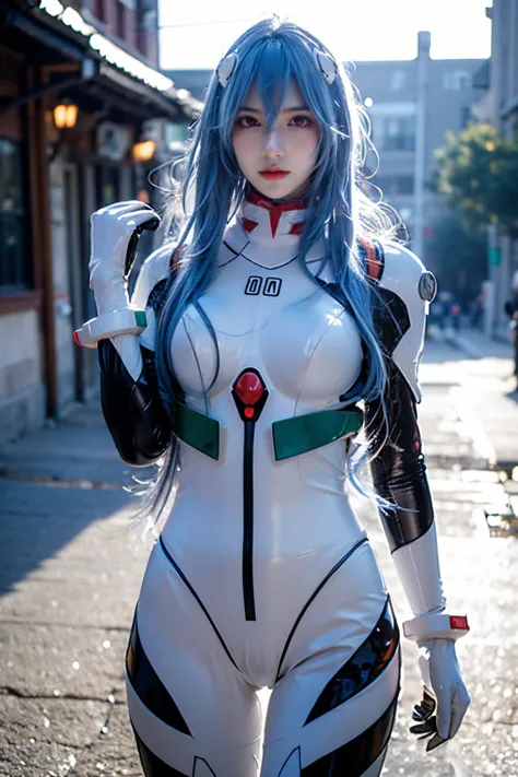 cowboy_shot,super high resolution,best quality,Photos,4k,(Realistic:1.2),1girl,:d,<lora:ayanami_cosplay_costume_v2:0.7>,ayanami_cosplay_costume,plugsuit,blue hair,ayanami rei,pilot suit,cosplay,long hair,interface headset,hairpods,gloves,bracer,skin tight,