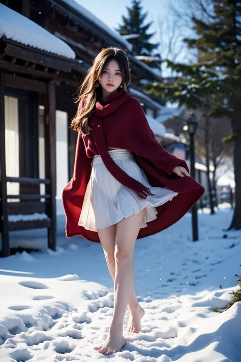 super high resolution,best quality,Photos,4k,(Realistic:1.2),she was barefoot,1girl,wear light yarn,skirt,snow covers everything,