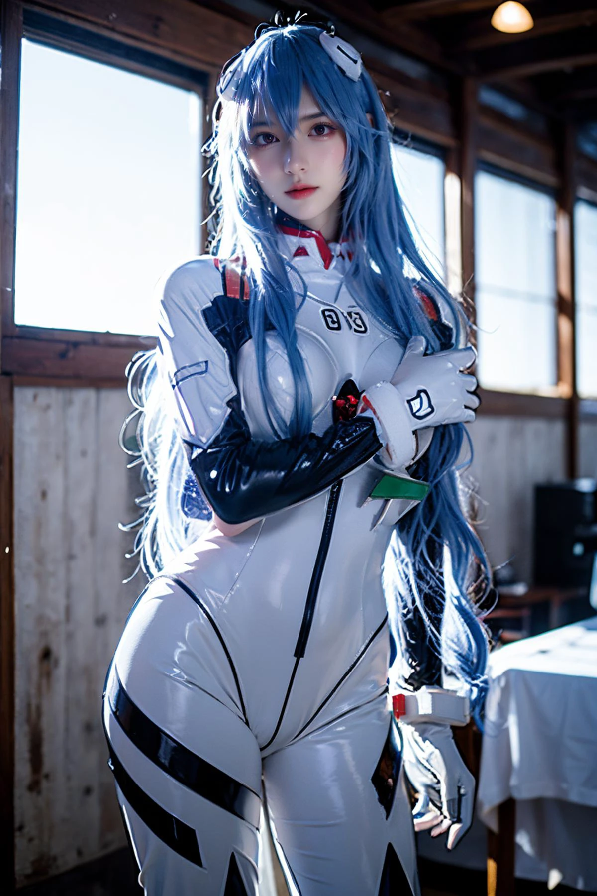 cowboy_shot,super high resolution,best quality,Photos,4k,(Realistic:1.2),1girl,:d,<lora:ayanami_cosplay_costume_v2:0.7>,ayanami_cosplay_costume,plugsuit,blue hair,ayanami rei,pilot suit,cosplay,long hair,interface headset,hairpods,gloves,bracer,skin tight,