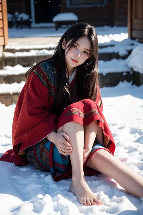 super high resolution,best quality,Photos,4k,(Realistic:1.2),she was barefoot,1girl,wear light yarn,skirt,snow covers everything,