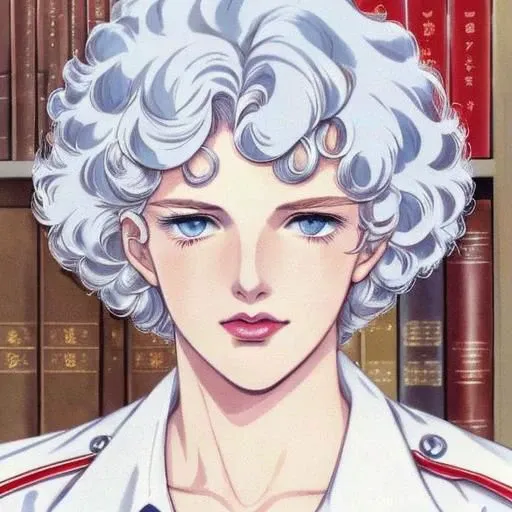 portrait photo of a schoolboy, color, blue eyes, platinum-blonde hair, full lips, curly hair, retro manga