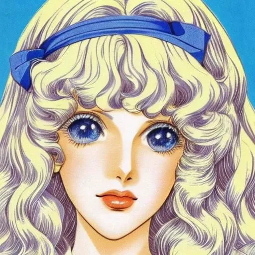 portrait photo of a schoolgirl, color, blue eyes, platinum-blonde hair, full lips, curly hair, retro manga