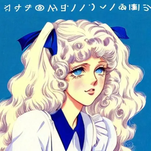 portrait photo of a schoolgirl, color, blue eyes, platinum-blonde hair, full lips, curly hair, retro manga