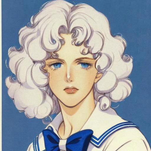 portrait photo of a schoolboy, color, blue eyes, platinum-blonde hair, full lips, curly hair, retro manga