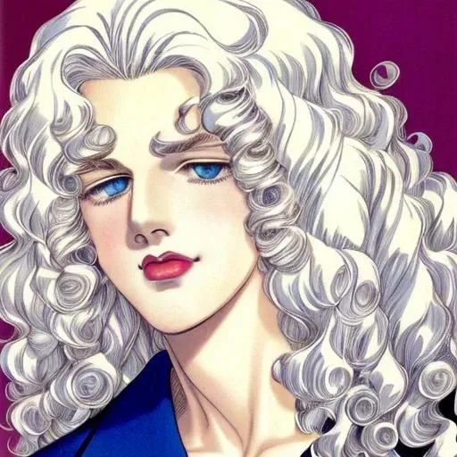 portrait photo of a schoolboy, color, blue eyes, platinum-blonde hair, full lips, curly hair, retro manga