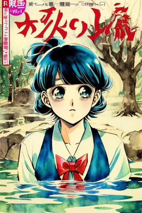 RETRO MANGA, 1girl surprising ,color, manga cover, detailed, bishojo, school, detailed background, horror, water color