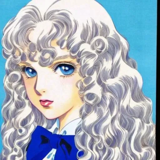 portrait photo of a schoolgirl, color, blue eyes, platinum-blonde hair, full lips, curly hair, retro manga