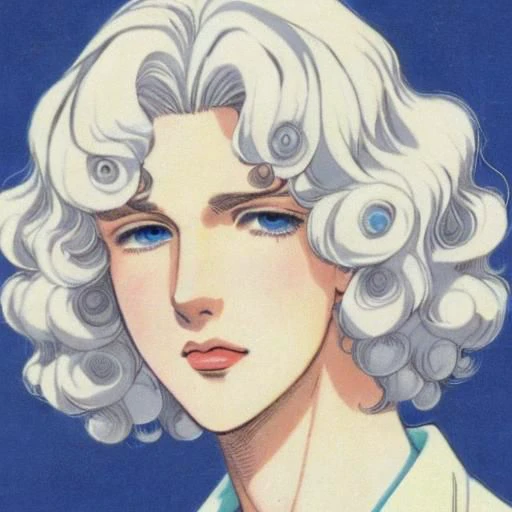 portrait photo of a schoolboy, color, blue eyes, platinum-blonde hair, full lips, curly hair, retro manga