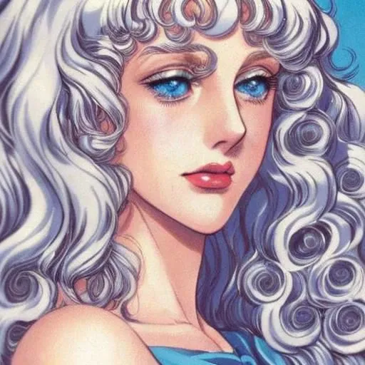 portrait photo of a girl, color, blue eyes, platinum-blonde hair, full lips, curly hair, retro manga