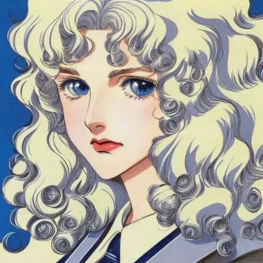 portrait photo of a schoolboy, color, blue eyes, platinum-blonde hair, full lips, curly hair, retro manga