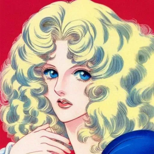 portrait photo of a girl, color, blue eyes, platinum-blonde hair, full lips, curly hair, retro manga