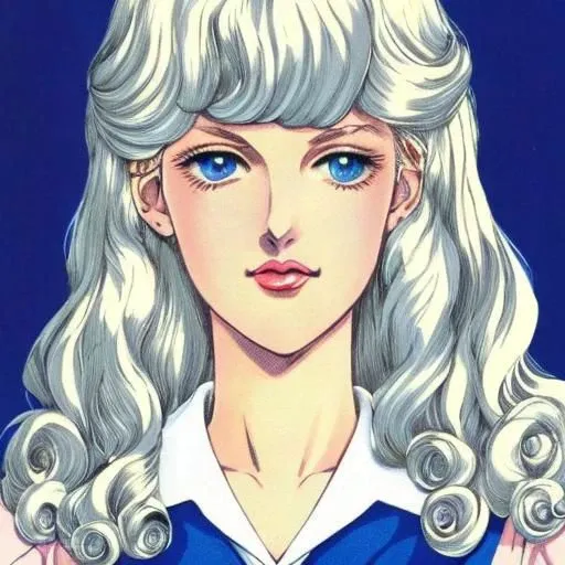 portrait photo of a schoolgirl, color, blue eyes, platinum-blonde hair, full lips, curly hair, retro manga