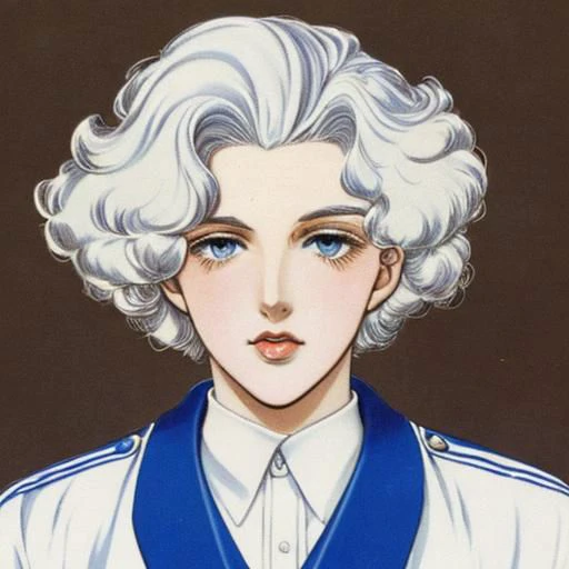 portrait photo of a schoolboy, color, blue eyes, platinum-blonde hair, full lips, curly hair, retro manga