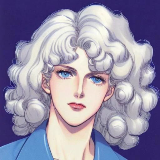 portrait photo of a schoolboy, color, blue eyes, platinum-blonde hair, full lips, curly hair, retro manga