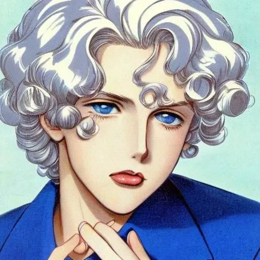 portrait photo of a schoolboy, color, blue eyes, platinum-blonde hair, full lips, curly hair, retro manga