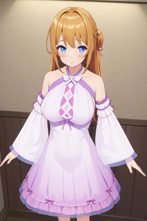<lora:ribbondress:0.9>, 1girl, solo, masterpiece, best quality, indoors, large breasts, detached sleeves, dress, halterneck, ribbon