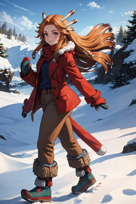masterpiece, best quality, <lora:lomimu-nvwls-v1-000009:0.9> lomImu, hair ornament, red peacoat, fur trim, mittens, boots, snow, tundra, walking, brown pants, looking at viewer, smile