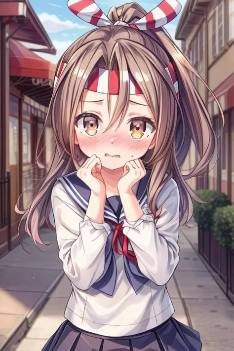ultra-detailed,masterpiece,best quality,1girl,zuihouKC,town outdoor,street,sailor uniform.navy plits skirt,shopping,blush,shy,shiny eyes, headband,high ponytail, <lora:add_detail:1> <lora:zuihou:0.6>