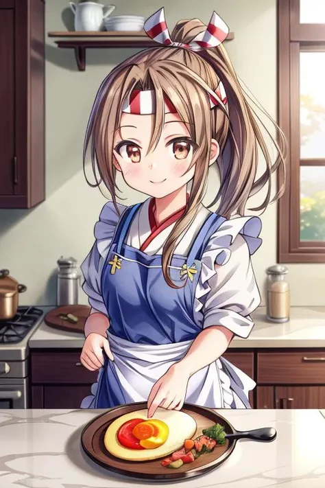 ultra-detailed,masterpiece,best quality,1girl,zuihouKC, kitchen,stove,cooking,omelette,food,cloud,table,smile,shiny eyes, headband,high ponytail, , hachimaki, <lora:add_detail:1> <lora:zuihou:0.6>apron,
