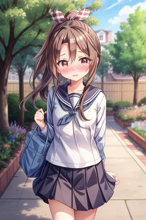 Anime girl in school uniform walking down a sidewalk with a bag - SeaArt AI