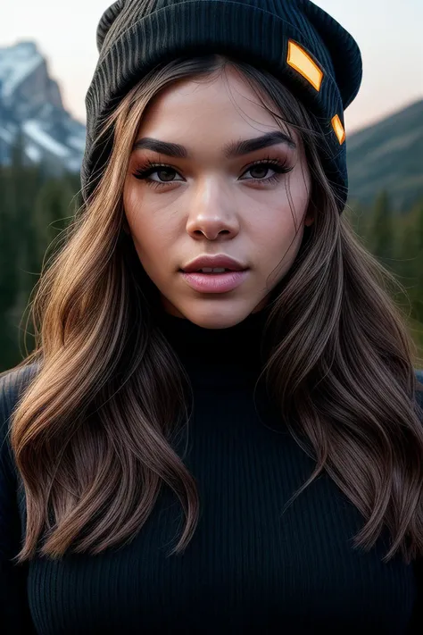 (Hail33St31nf3ld02-400:0.99), photorealistic, best quality, hyper detailed, beautiful woman, selfie photo, upper body, solo, wearing pullover, outdoors, (night), mountains, real life nature, stars, moon, (cheerful, happy), sleeping bag, gloves, sweater, beanie, flashlight, forest, rocks, river, wood, smoke, fog, clear sky, analog style, looking at viewer, skin texture, film grain, close up, ultra high res, best shadow, RAW, instagram LUT, RAW candid cinema, 16mm, color graded portra 400 film, remarkable color, ultra realistic, textured skin, remarkable detailed pupils, realistic dull skin noise, visible skin detail, skin fuzz, dry skin, shot with cinematic camera, detailed skin texture, (blush:0.2), (goosebumps:0.3), subsurface scattering