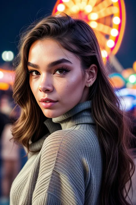 (Hail33St31nf3ld02-400:0.99), photorealistic, best quality, hyper detailed, beautiful woman, (selfie photo:1.2), (upper body:1.2), solo, wearing (turtleneck knitted sweater:1.2), ((at carnival:1.2)), (ferris wheel in the background), at night, starry sky, full moon, neon lights, (cheerful, happy), analog style, looking at viewer, skin texture, film grain, close up, ultra high res, best shadow, RAW, instagram LUT, <lora:add_detail:1>, RAW candid cinema, 16mm, color graded portra 400 film, remarkable color, ultra realistic, textured skin, remarkable detailed pupils, realistic dull skin noise, visible skin detail, skin fuzz, dry skin, shot with cinematic camera, detailed skin texture, (blush:0.2), (goosebumps:0.3), subsurface scattering