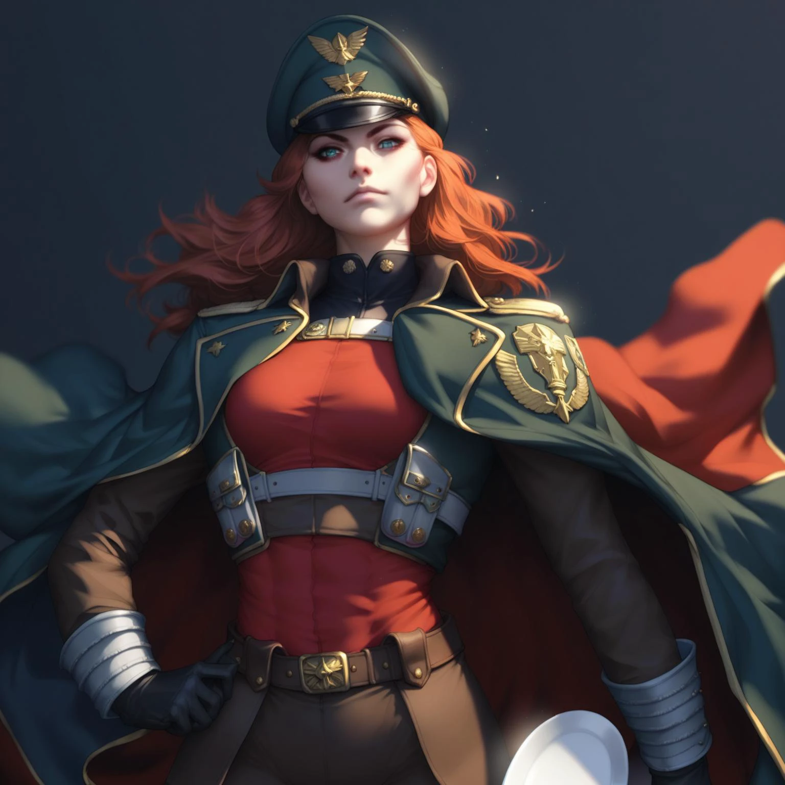 score_9, score_8_up, score_7_up, score_6_up, score_5_up, score_4_up, 1girl, solo, astra militarum, commissar hat, black cape, breast plate, seals, belt, tight pants, leather boots, red attire, black attire, standing, long shot, dark background, black background, rim lighting, posing for picture, sword sheathed, looking at viewer, <lora:astra_militarum_xl_v1:1.5> <lora:ArtgermPony:1>