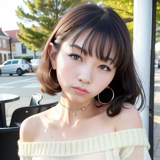 piercing eyes, looking straight, a 20 year old cute kyedae-2600, wearing an off-shoulder sweater, choker, closeup portrait, in a outdoor cafe in 2015, afternoon light