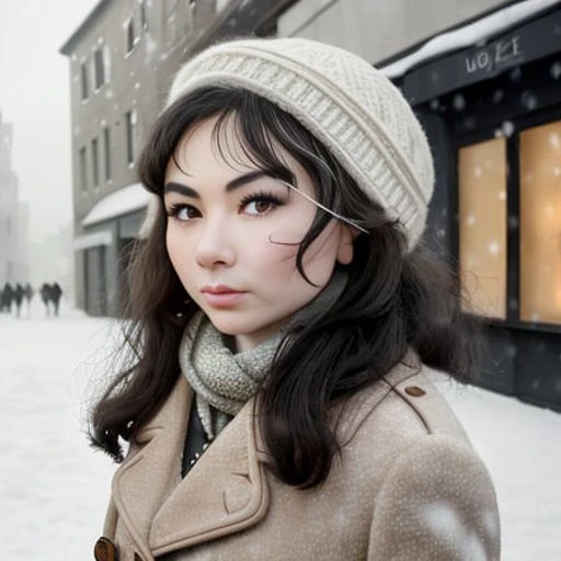 professional portrait photograph of a gorgeous (kyedae-2600) in winter clothing, freckles, beautiful symmetrical face, cute natural makeup, wearing elegant winter fashion clothing, ((standing outside in snowy city street)), stunning modern urban upscale environment, ultra realistic, concept art, elegant, highly detailed, intricate, sharp focus, depth of field, f/1. 8, 85mm, medium shot, mid shot, (centered image composition), (professionally color graded), ((bright soft diffused light)), volumetric fog, trending on instagram, trending on tumblr, hdr 4k, 8k