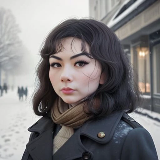 professional portrait photograph of a gorgeous (kyedae-2600) in winter clothing, freckles, beautiful symmetrical face, cute natural makeup, wearing elegant winter fashion clothing, ((standing outside in snowy city street)), stunning modern urban upscale environment, ultra realistic, concept art, elegant, highly detailed, intricate, sharp focus, depth of field, f/1. 8, 85mm, medium shot, mid shot, (centered image composition), (professionally color graded), ((bright soft diffused light)), volumetric fog, trending on instagram, trending on tumblr, hdr 4k, 8k