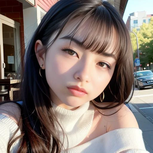 piercing eyes, looking straight, a 20 year old cute kyedae-2600, wearing an off-shoulder sweater, choker, closeup portrait, in a outdoor cafe in 2015, afternoon light