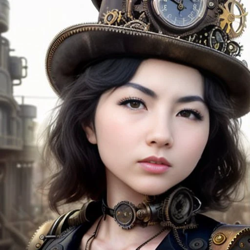 photo of kyedae-2600, (front to camera), detailed face, (aspiring facial expression), (((steampunk style close))), ((steampunk city on the background)), RAW, analog style, ultra detailed photograph, cinematic lighting, artstation, 4k, sharp focus, high resolution, detailed skin, detailed eyes