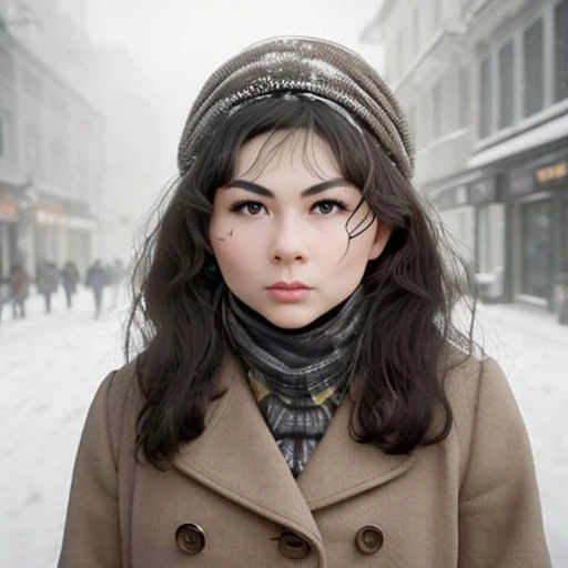 professional portrait photograph of a gorgeous (kyedae-2600) in winter clothing, freckles, beautiful symmetrical face, cute natural makeup, wearing elegant winter fashion clothing, ((standing outside in snowy city street)), stunning modern urban upscale environment, ultra realistic, concept art, elegant, highly detailed, intricate, sharp focus, depth of field, f/1. 8, 85mm, medium shot, mid shot, (centered image composition), (professionally color graded), ((bright soft diffused light)), volumetric fog, trending on instagram, trending on tumblr, hdr 4k, 8k