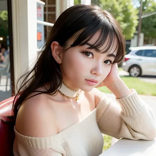 piercing eyes, looking straight, a 20 year old cute kyedae-2600, wearing an off-shoulder sweater, choker, closeup portrait, in a outdoor cafe in 2015, afternoon light