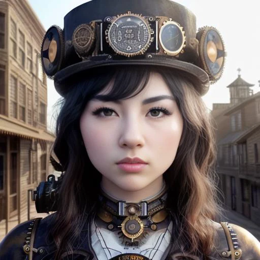 photo of kyedae-2600, (front to camera), detailed face, (aspiring facial expression), (((steampunk style close))), ((steampunk city on the background)), RAW, analog style, ultra detailed photograph, cinematic lighting, artstation, 4k, sharp focus, high resolution, detailed skin, detailed eyes
