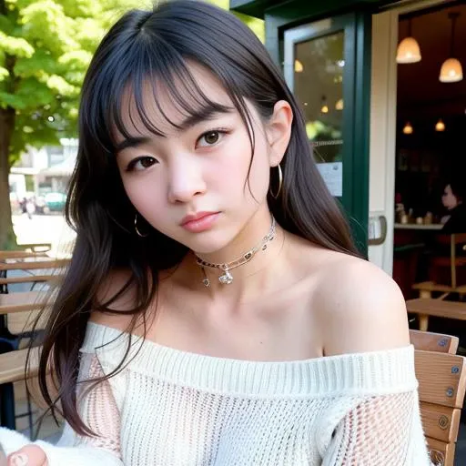 piercing eyes, looking straight, a 20 year old cute kyedae-2600,  wearing an off-shoulder sweater, choker, closeup portrait, in a outdoor cafe in 2015, afternoon light