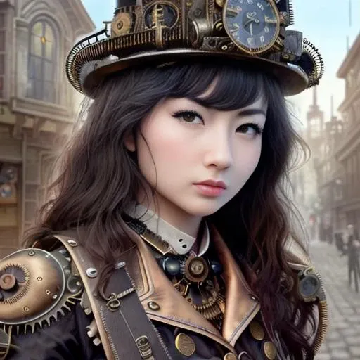 photo of kyedae-2600, (front to camera), detailed face, (aspiring facial expression), (((steampunk style close))), ((steampunk city on the background)), RAW, analog style, ultra detailed photograph, cinematic lighting, artstation, 4k, sharp focus, high resolution, detailed skin, detailed eyes