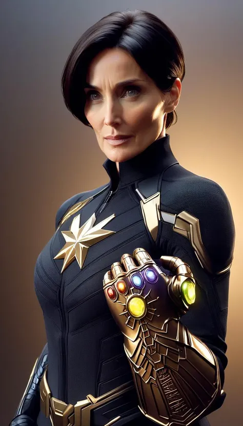 anime Carrie-Anne Moss, wearing the InfinityGauntlet